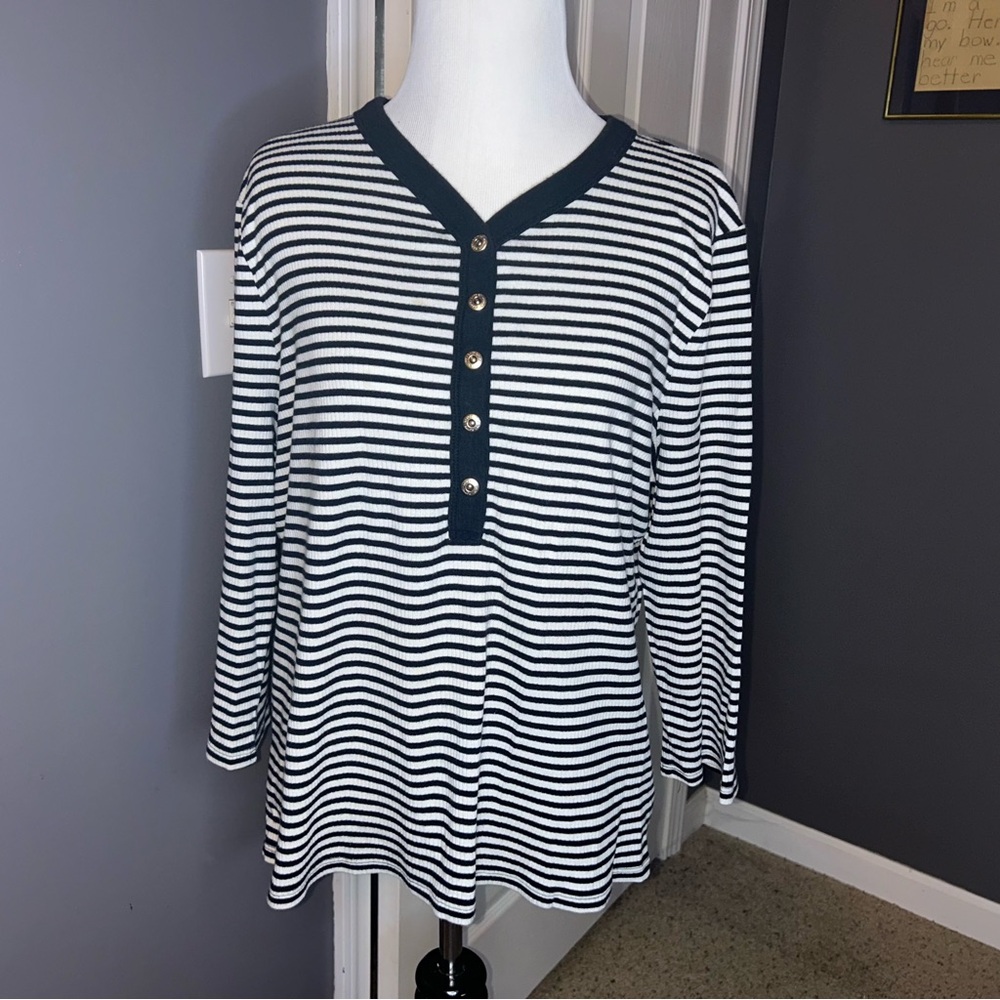 Ralph Lauren Black Label LRL Ribbed Black White Stripe 3/4 Sleeve Shirt Sz X Lrg